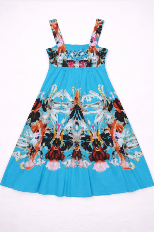 Adolfo Dominguez Dress 36 Blue with multicolored butterfly and abstract prints