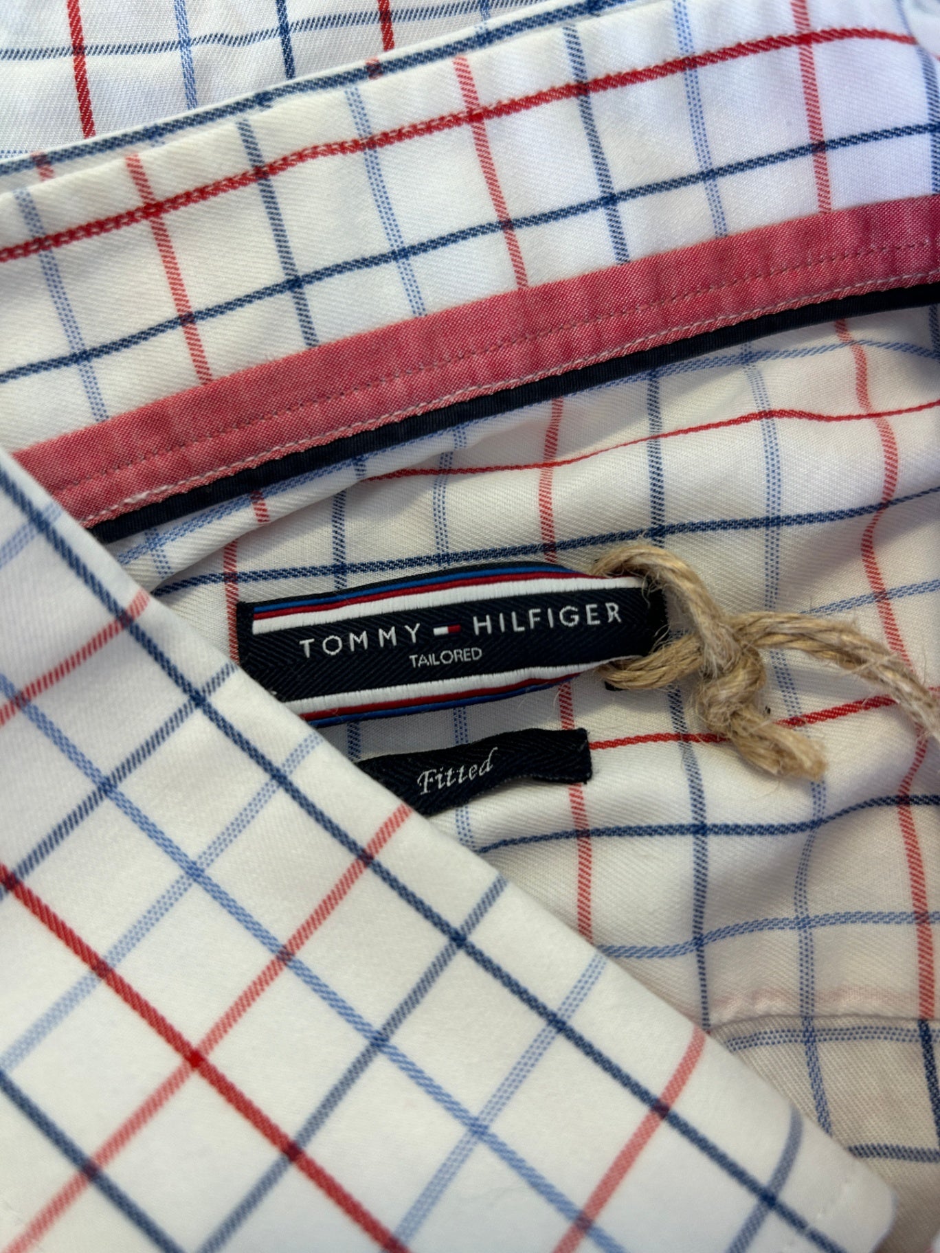 Tommy Hilfiger Shirt 42 16 1/2 White with red and blue checkered pattern