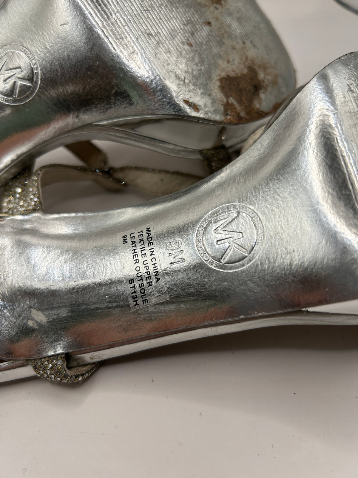 Michael Kors Heeled Sandals 9M Silver and metallic taupe