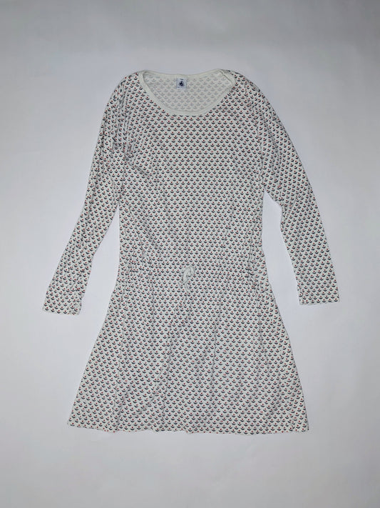 Petit Bateau Dress M White with a pattern of small red and floral elements