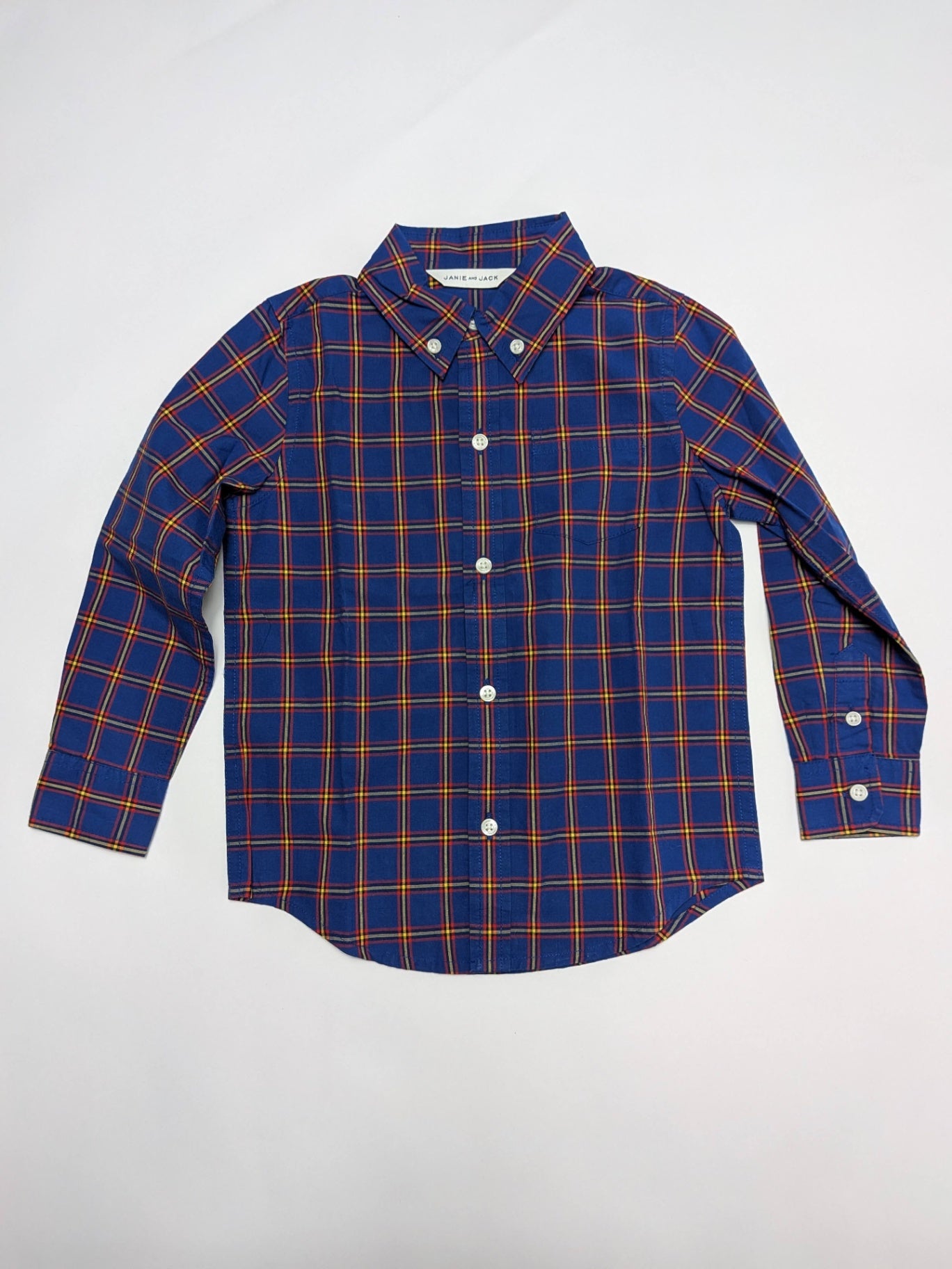 Janie and Jack Shirt 4 Blue with red, yellow, and green plaid pattern