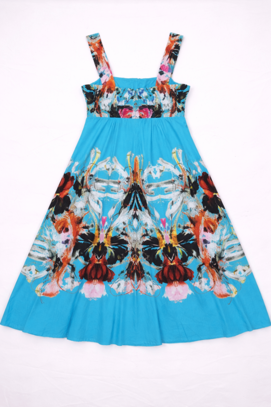 Adolfo Dominguez Dress 36 Blue with multicolored butterfly and abstract prints