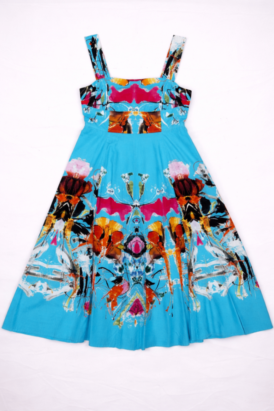 Adolfo Dominguez Dress 36 Blue with multicolored butterfly and abstract prints