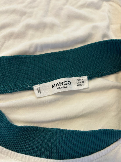 Mango T-Shirt L Cream/Off-white with dark green accents