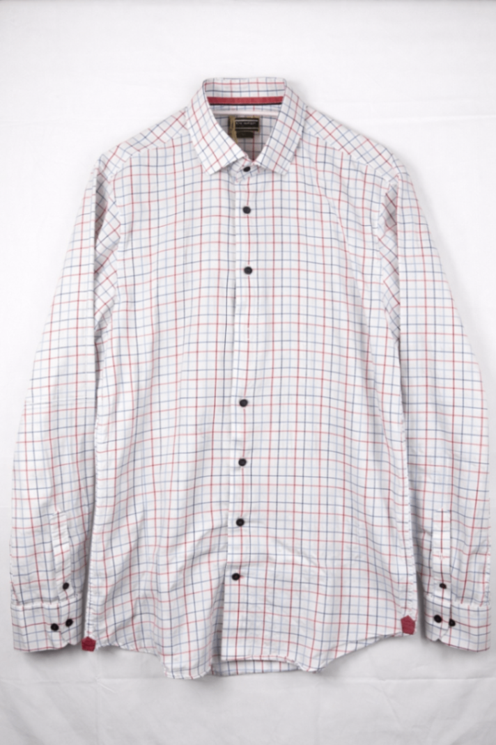 Tommy Hilfiger Shirt 42 16 1/2 White with red and blue checkered pattern