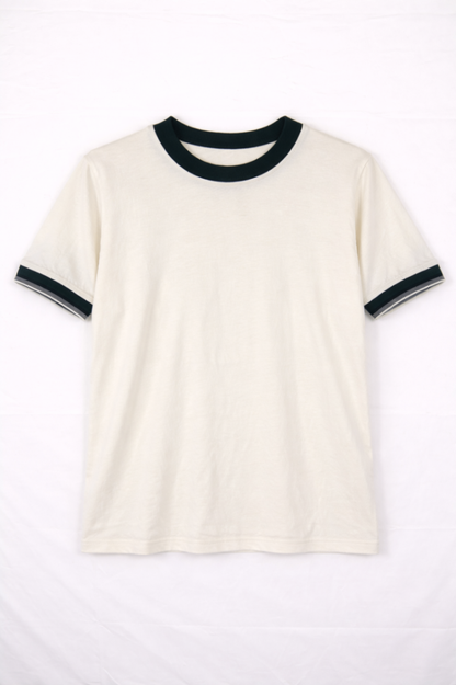 Mango T-Shirt L Cream/Off-white with dark green accents