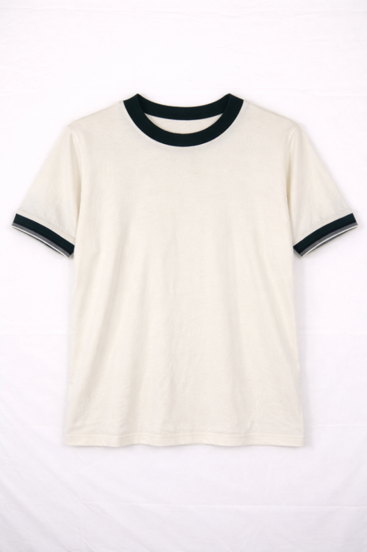 Mango T-Shirt L Cream/Off-white with dark green accents