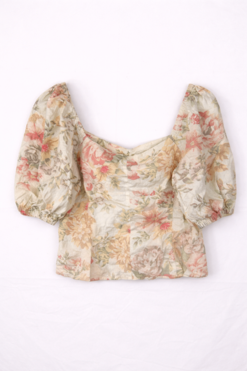 H&M Blouse 36 Cream with floral pattern in pink, green, and beige