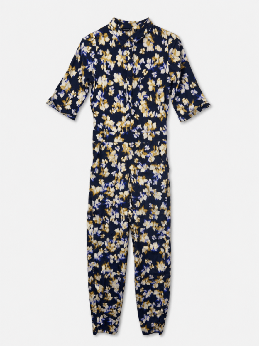 Atmosphere Jumpsuit 32 Navy blue with white and khaki pattern