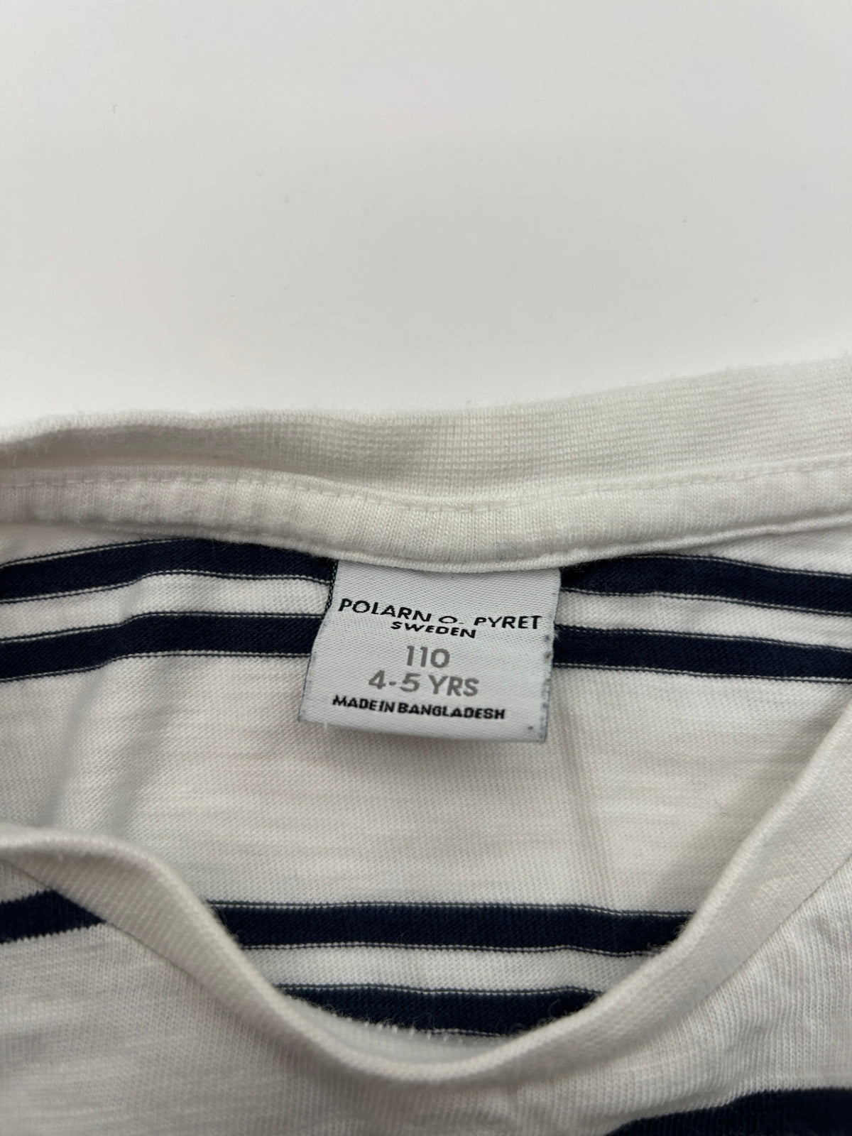 Polarn O. Pyret T-Shirt 110 White with Navy Blue Stripes