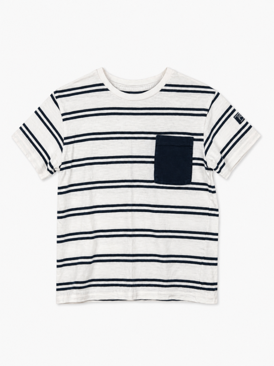 Polarn O. Pyret T-Shirt 110 White with Navy Blue Stripes
