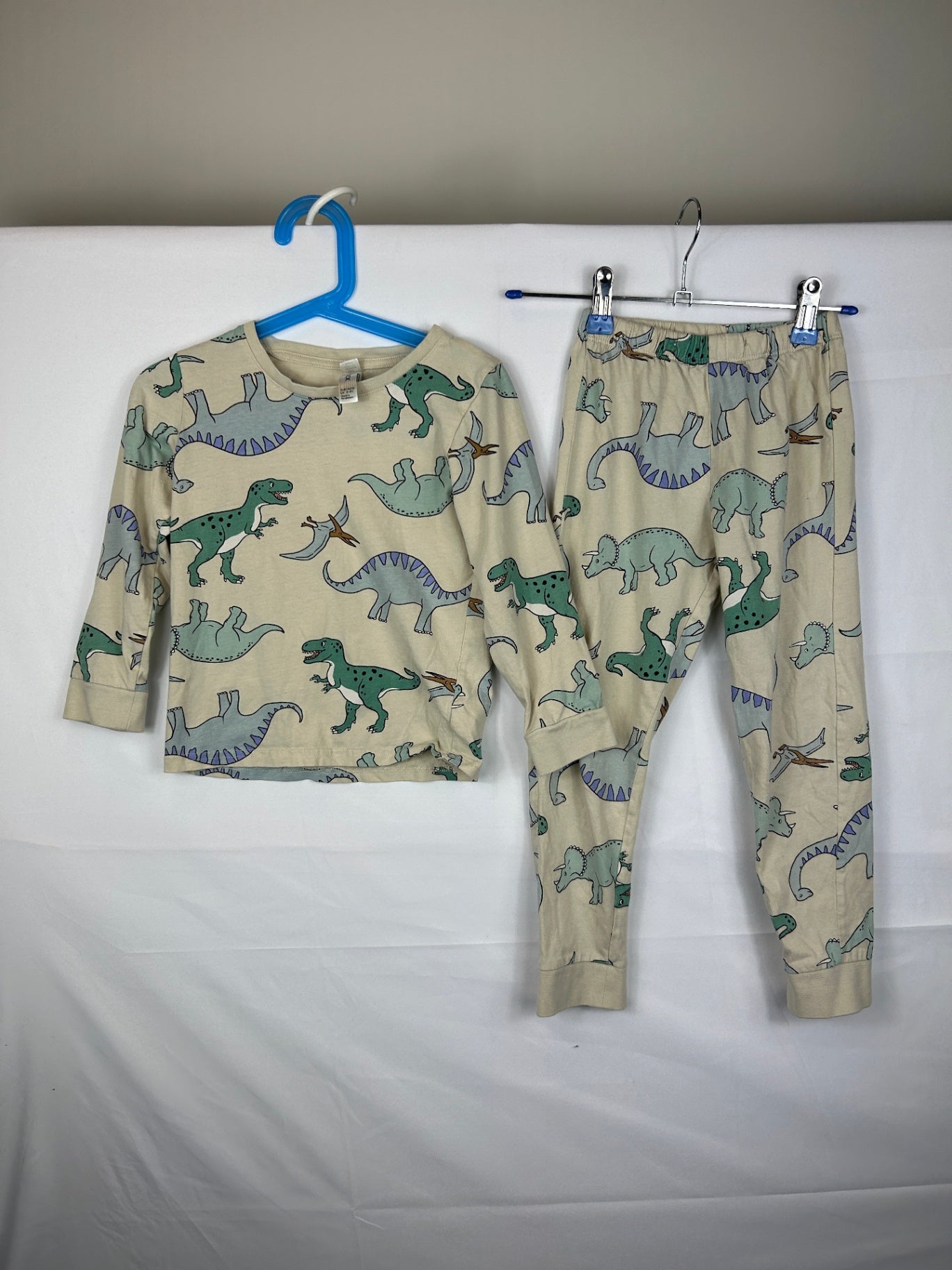 Lindex Pajamas 110 Beige with multicolor dinosaur print