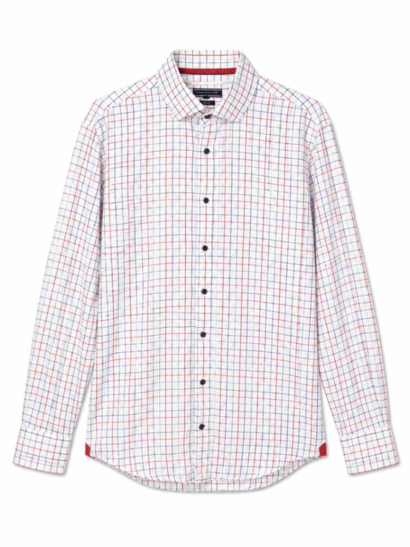 Tommy Hilfiger Shirt 42 16 1/2 White with red and blue checkered pattern
