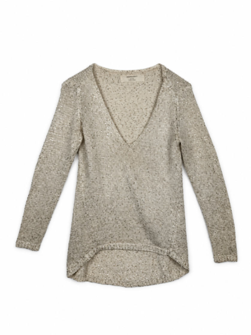 Zara Knit Sweater S Beige with gold sequins