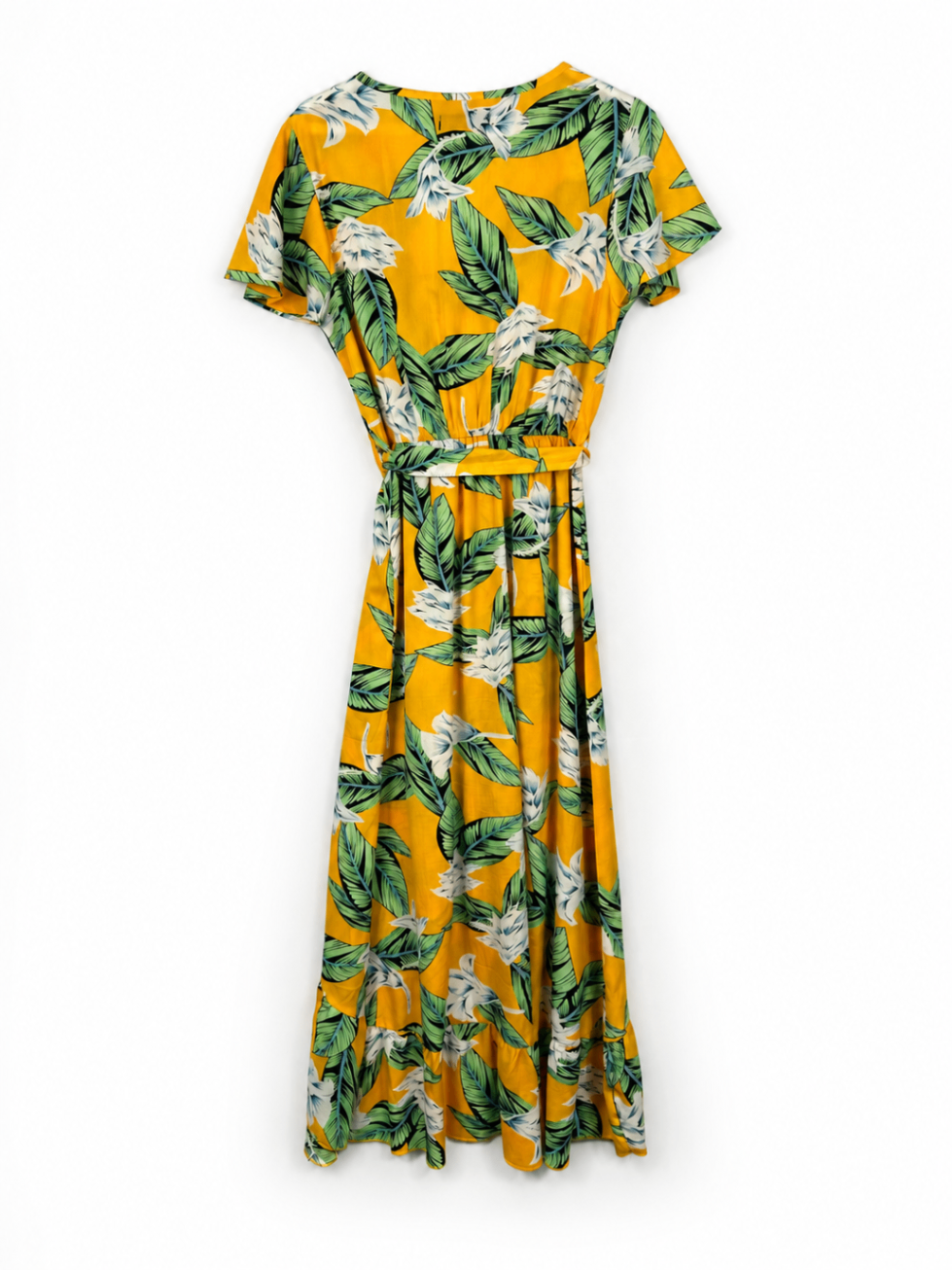 Tenki Dress ML Mustard yellow with green and white floral print