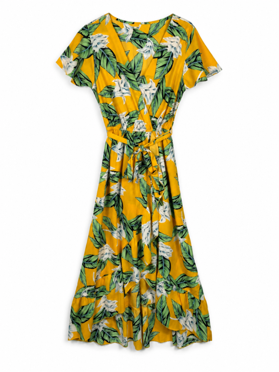Tenki Dress ML Mustard yellow with green and white floral print