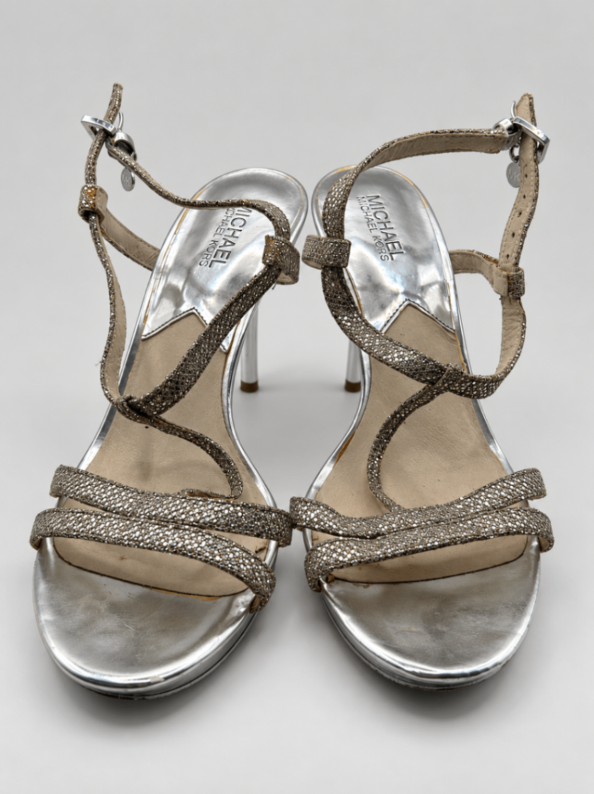 Michael Kors Heeled Sandals 9M Silver and metallic taupe