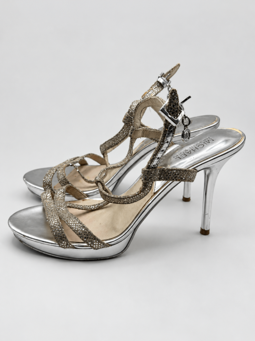 Michael Kors Heeled Sandals 9M Silver and metallic taupe