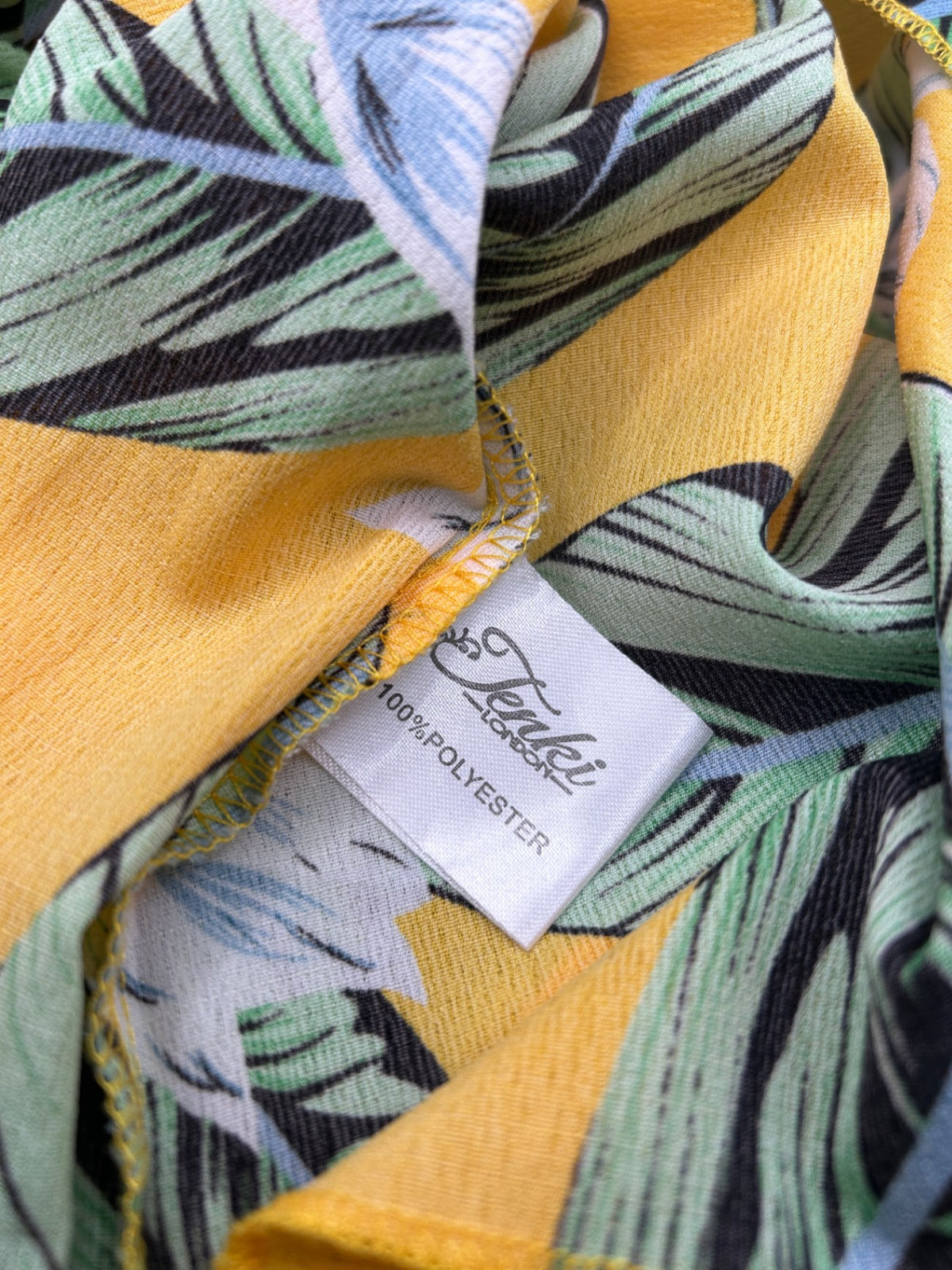 Tenki Dress ML Mustard yellow with green and white floral print