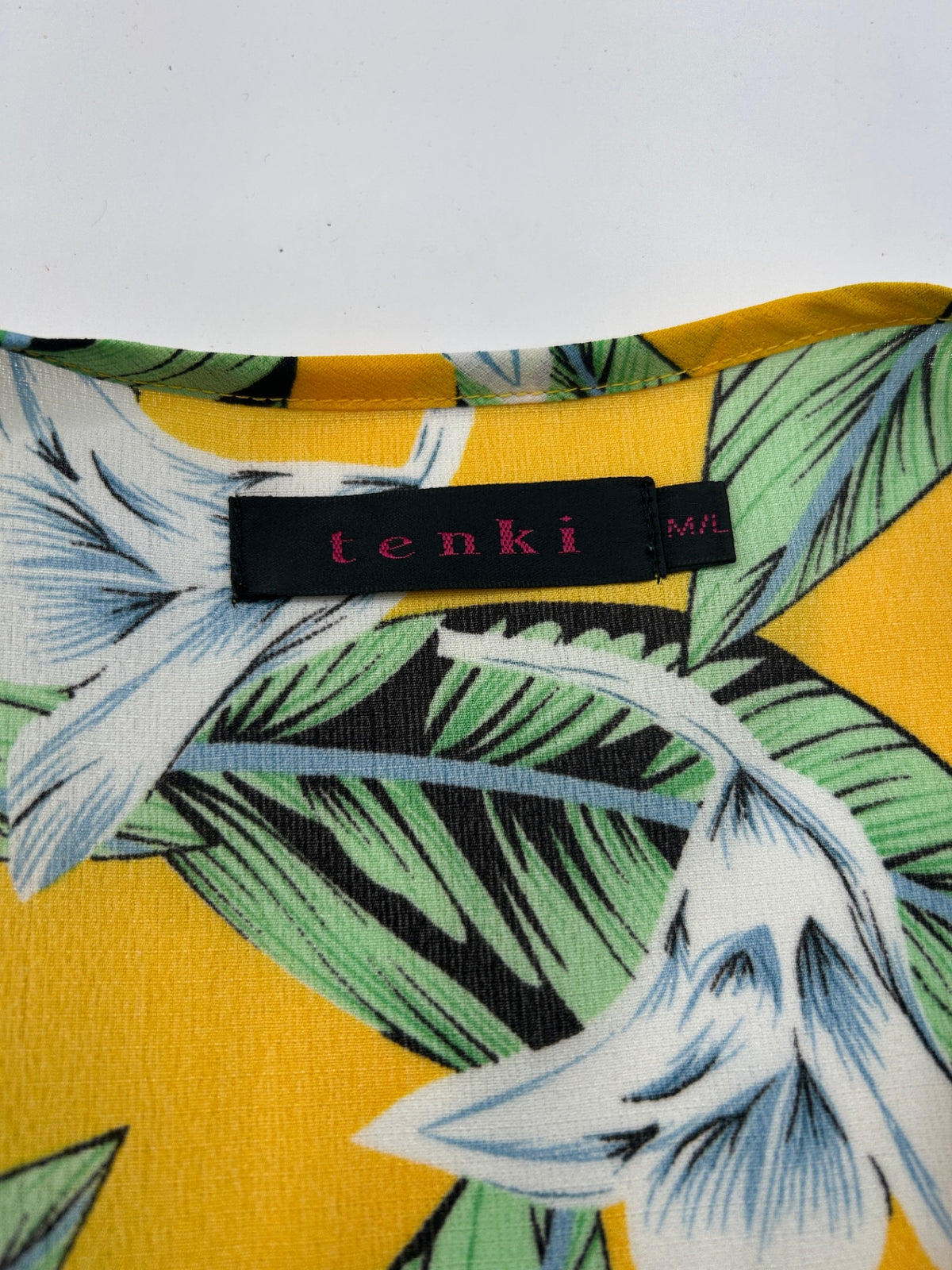 Tenki Dress ML Mustard yellow with green and white floral print